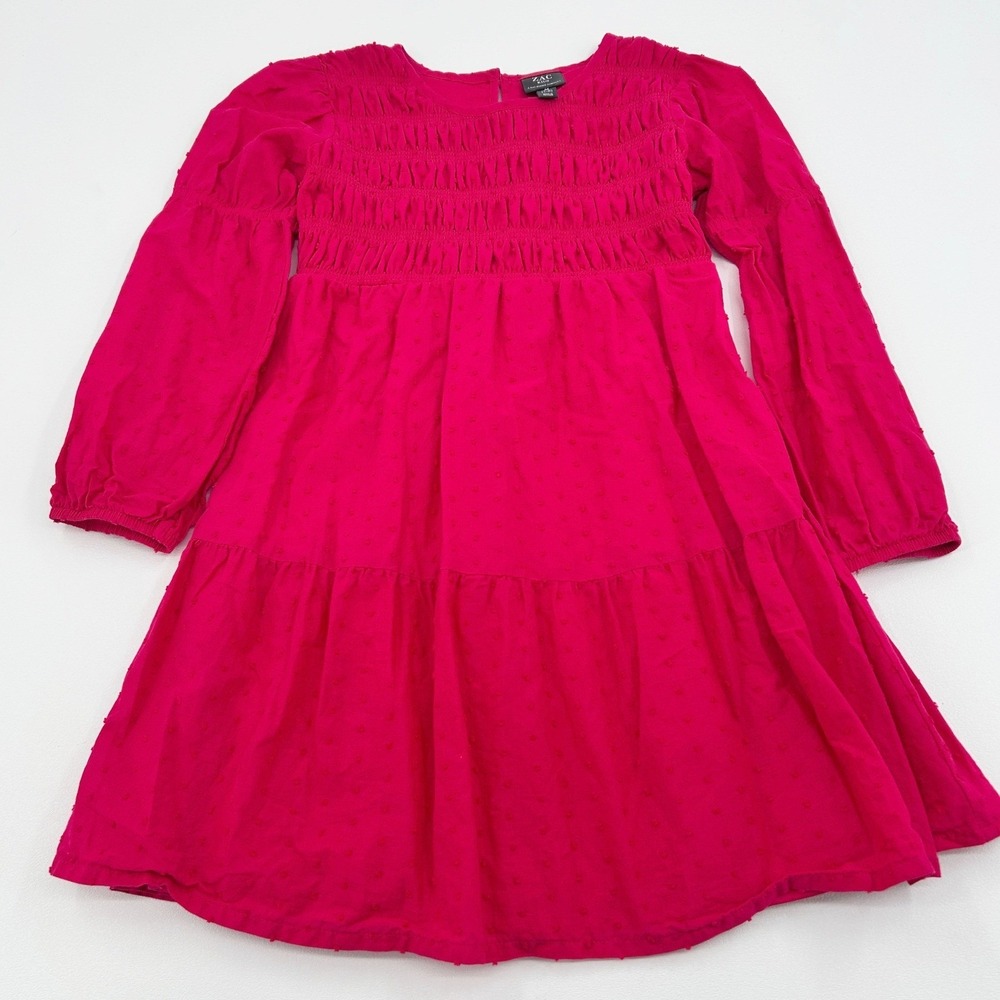 Girls Smocked Tiered Swiss Dot‎ Dress Pink Long Sleeve Zac Posen ZAC Kids M 7-8